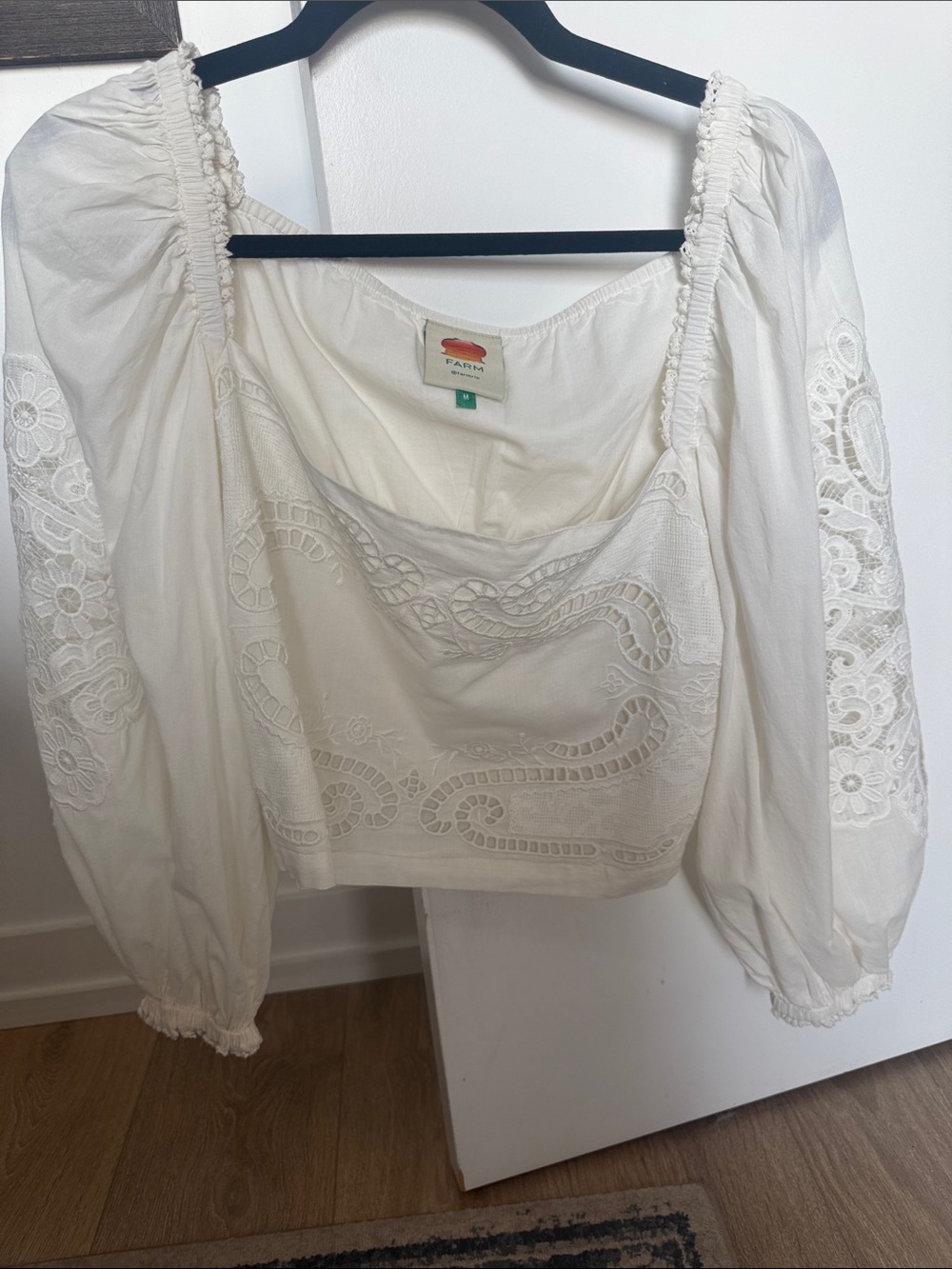 FARM Rio White Embroidered Square-Neck Peasant Blouse size M